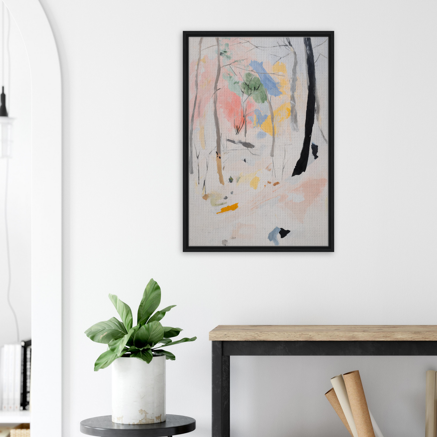 Abstract painting in soft pastels and black brushstrokes, Ethereal Forest Epiphany framed canvas print