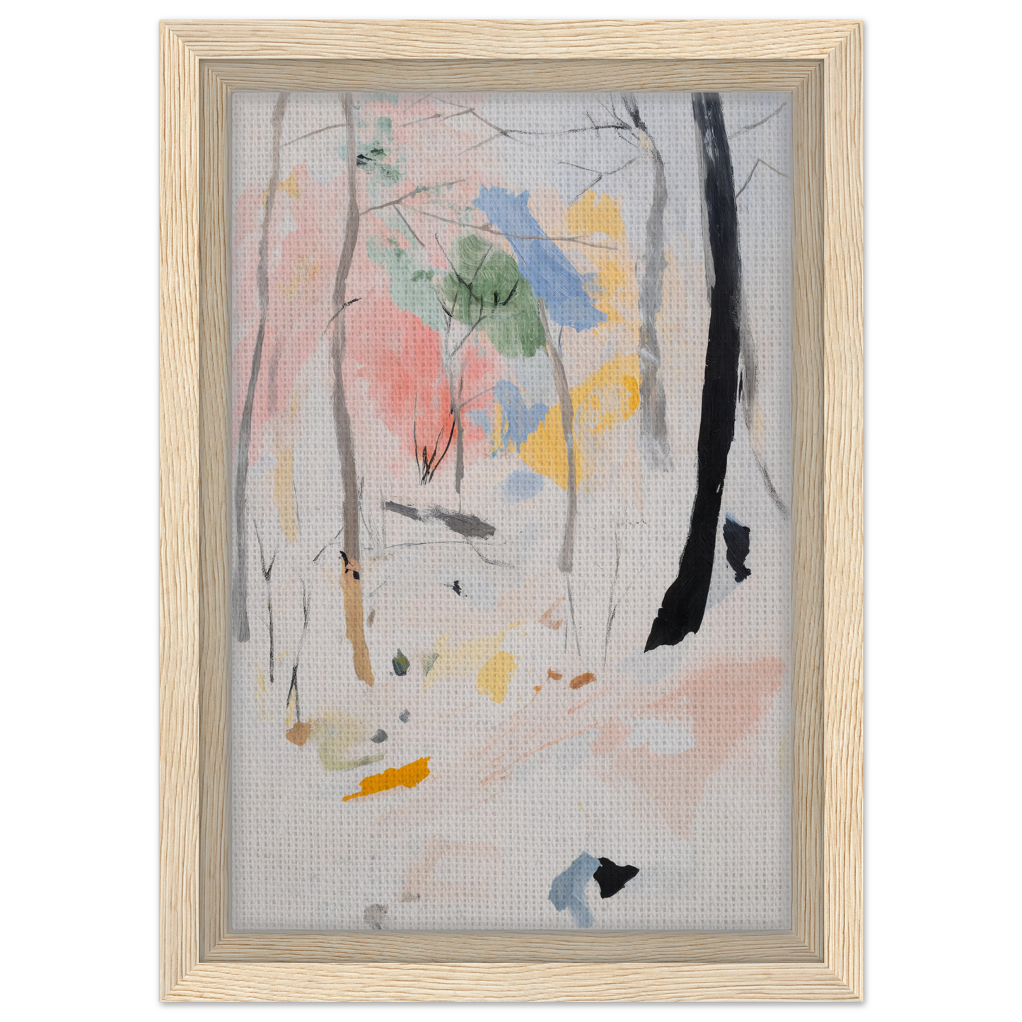 Ethereal Forest Epiphany abstract painting in a light wooden frame with soft pastels