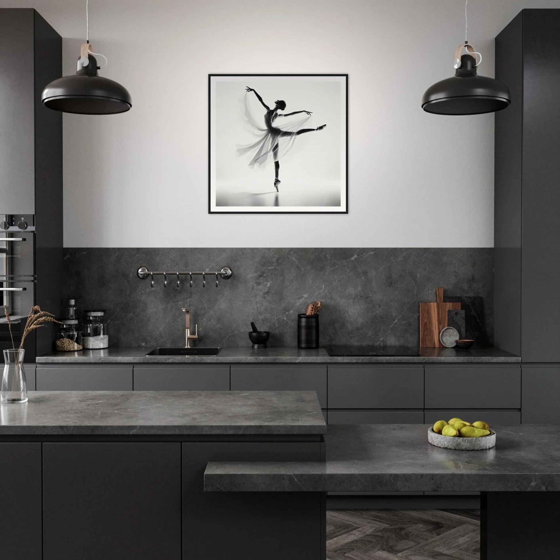 Modern dark gray kitchen featuring Ethereal Grace’s Whisper and stylish black pendant lights