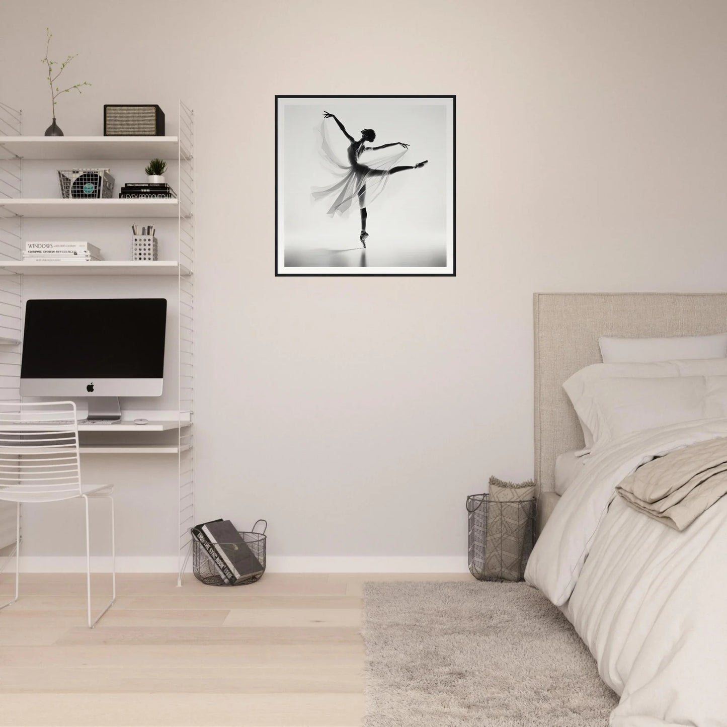 Minimalist bedroom featuring Ethereal Grace’s Whisper framed wall art and a chic workstation