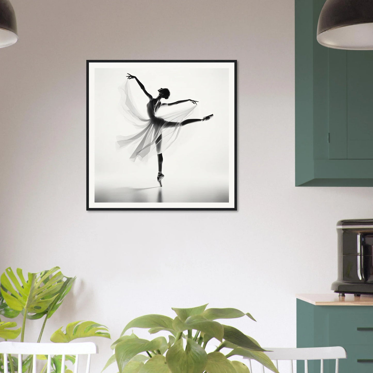 Black and white ballet dancer in arabesque, perfect for Ethereal Grace’s Whisper framed wall art