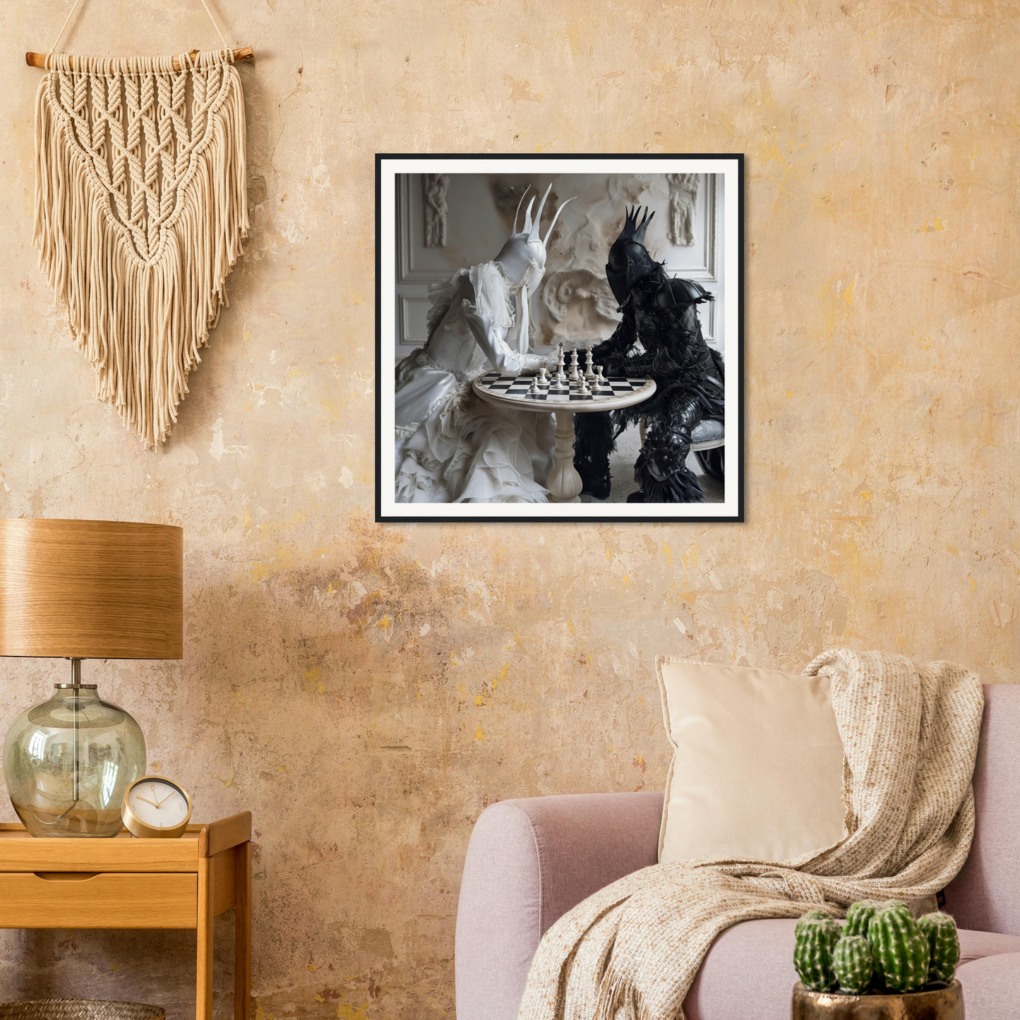 Framed black and white photo of rabbits in Ethereal Minds’ Duel playing chess