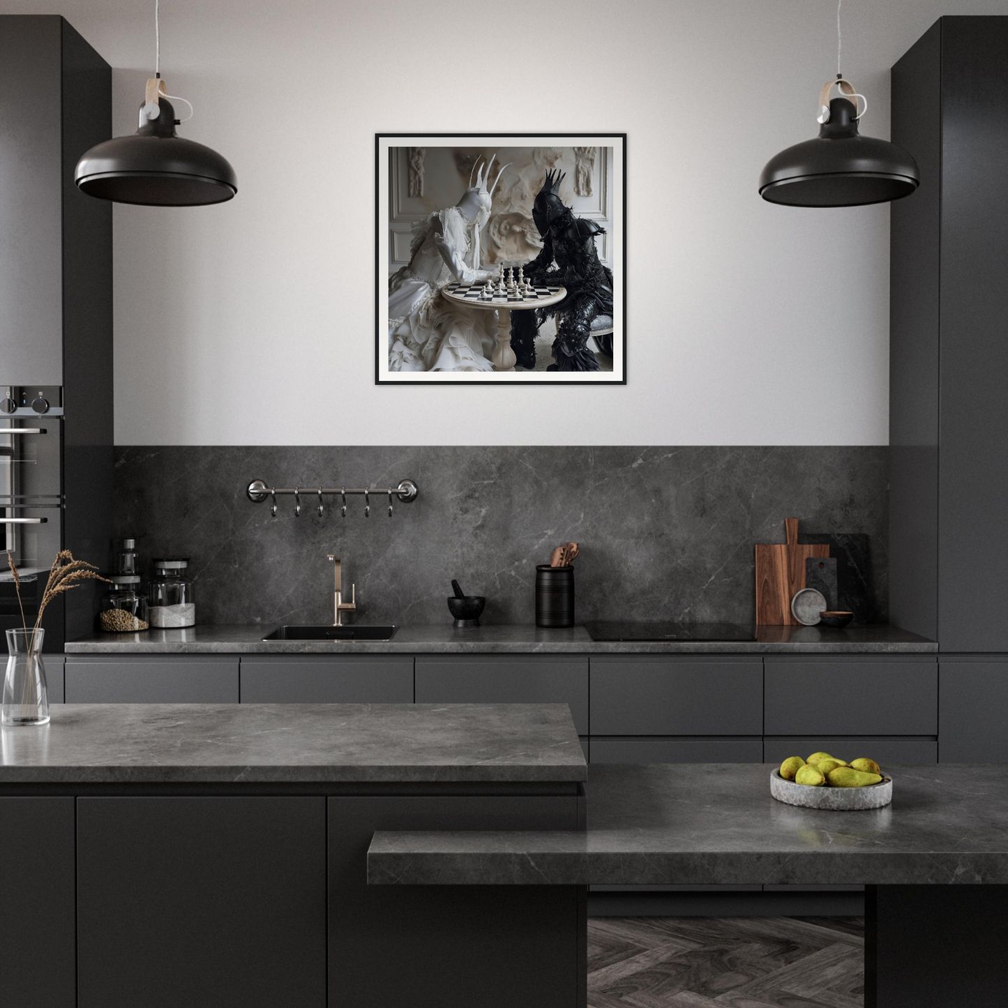 Modern dark gray kitchen featuring black pendant lights and Ethereal Minds’ Duel artwork