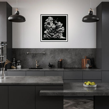 Modern dark kitchen featuring Ethereal Motion Reverie with sleek black cabinetry