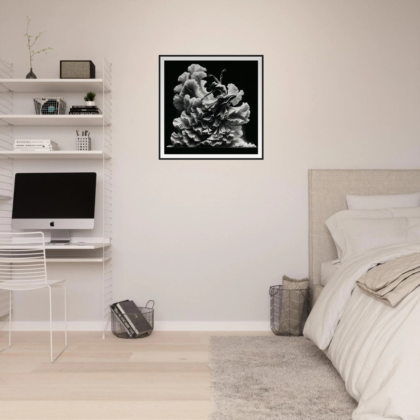 Minimalist bedroom workspace with Ethereal Motion Reverie and clear acrylic desk