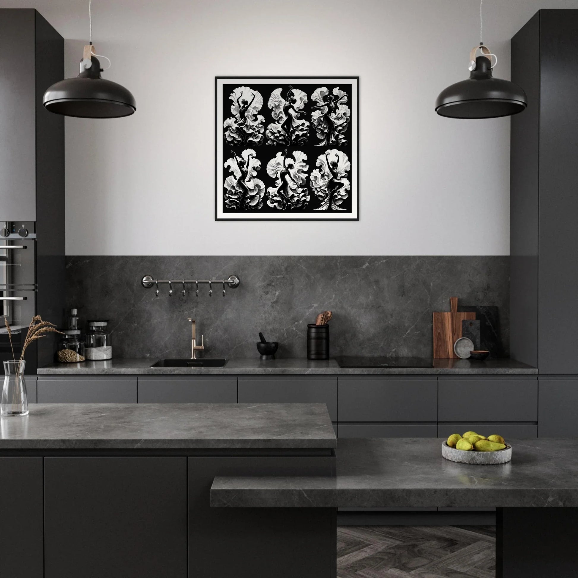 Modern dark kitchen featuring Ethereal Motion Symphony framed posters and matte black cabinets