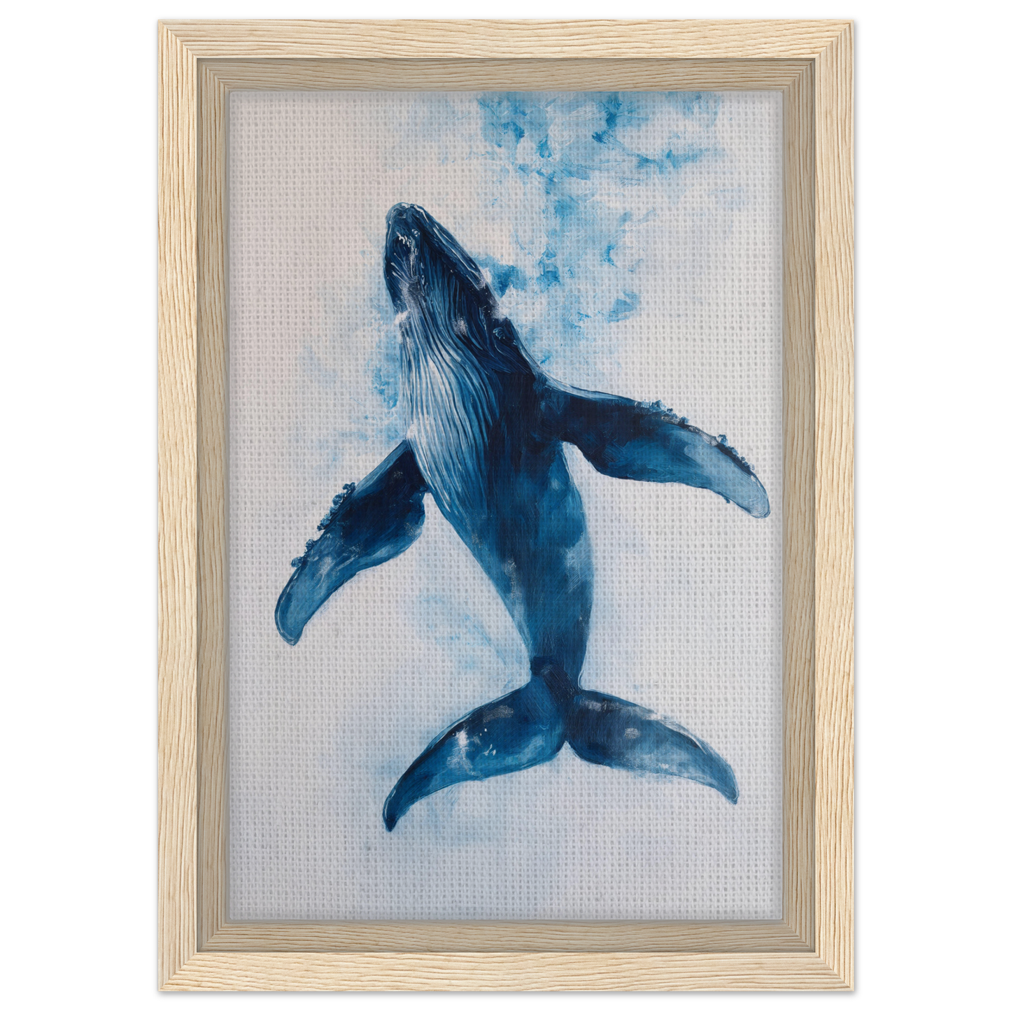 Blue whale in watercolor breaching, featured in Ethereal Ocean Voyage framed canvas art