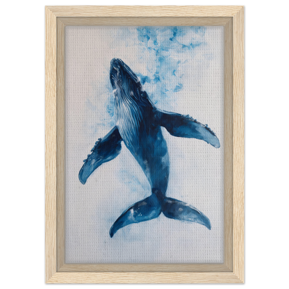 Blue whale in watercolor breaching, featured in Ethereal Ocean Voyage framed canvas art