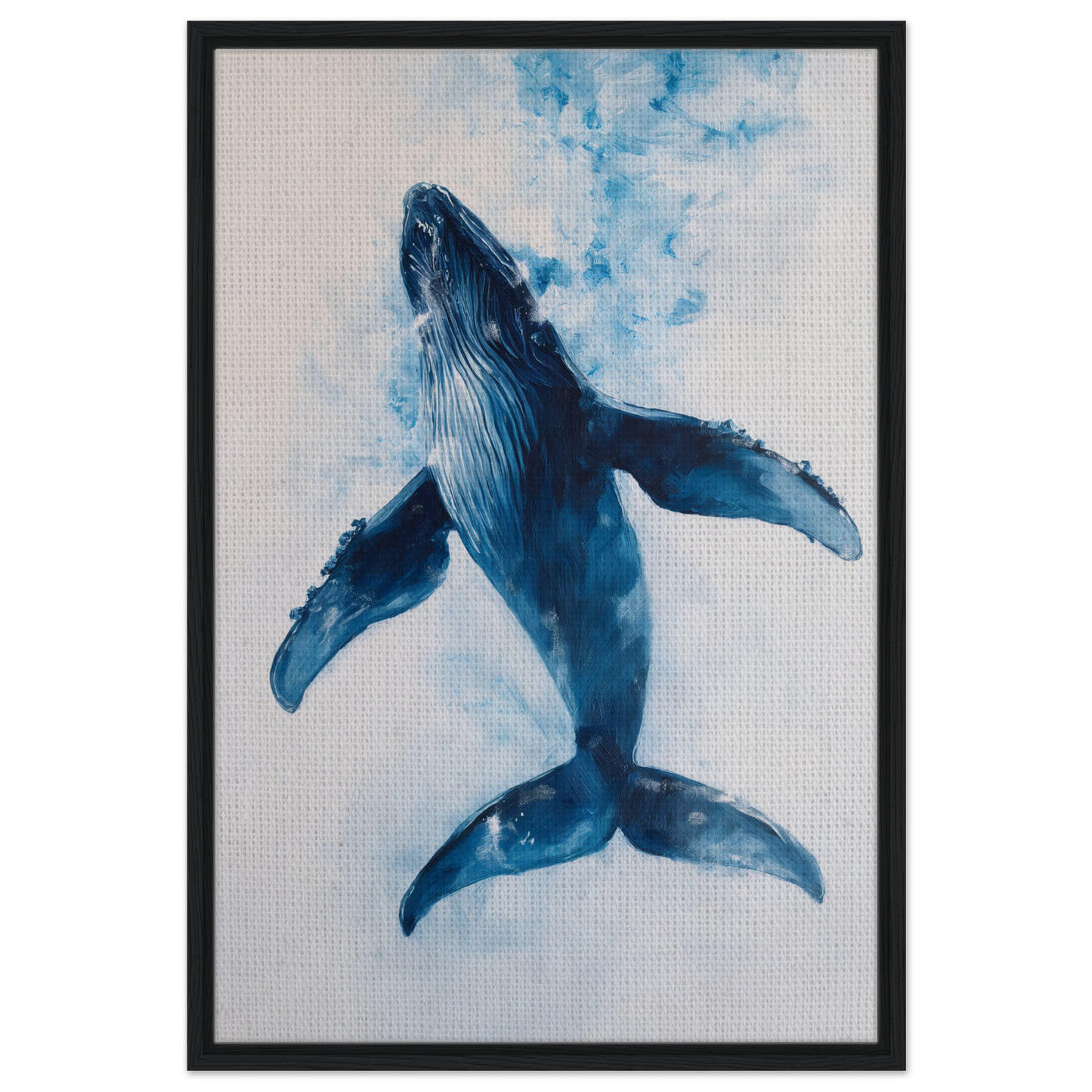 Watercolor painting of a blue humpback whale in Ethereal Ocean Voyage framed canvas art