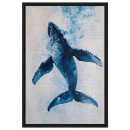 Watercolor painting of a blue humpback whale in Ethereal Ocean Voyage framed canvas art