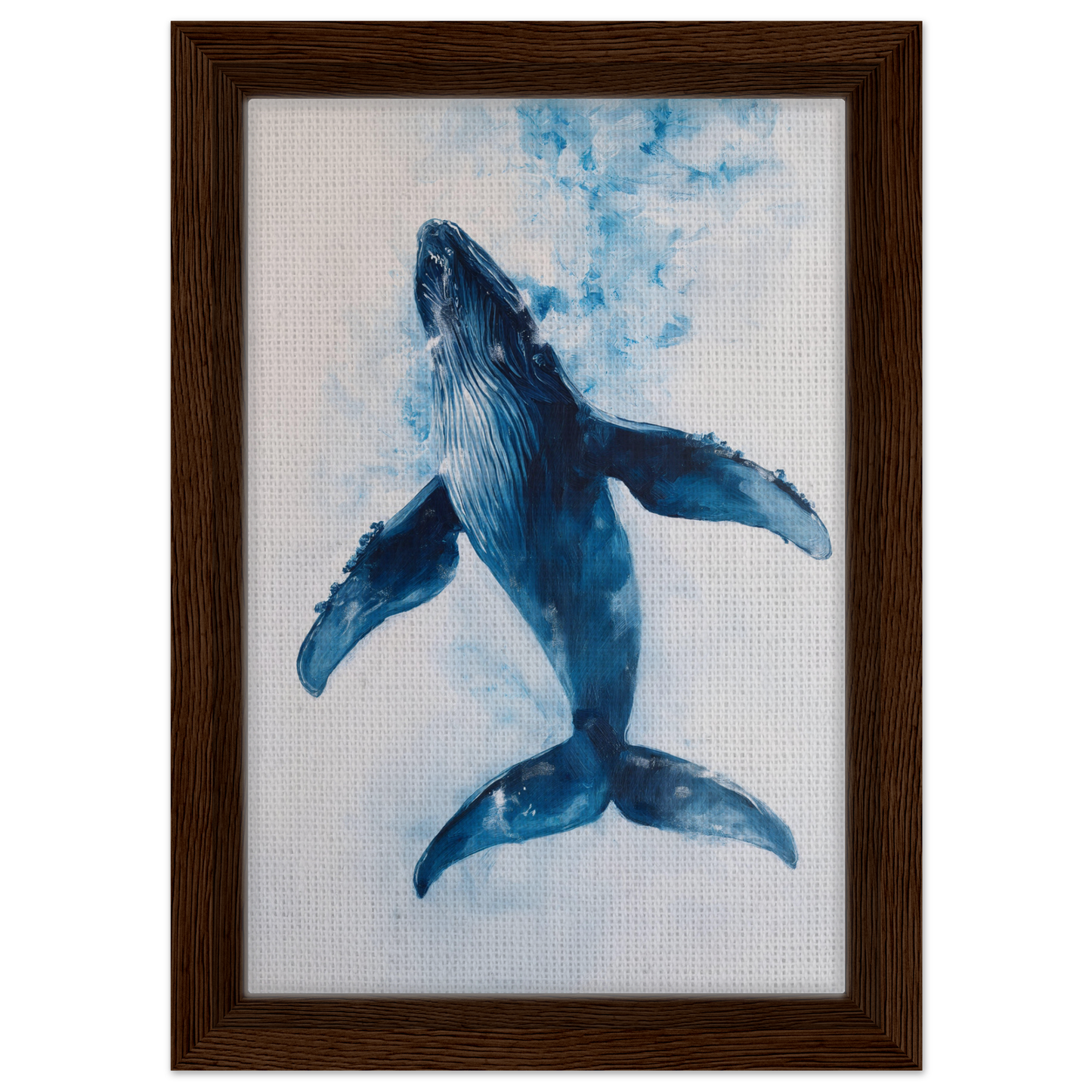 Blue whale in watercolor swimming upward, part of Ethereal Ocean Voyage framed canvas art