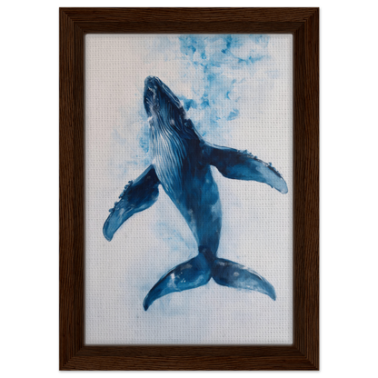 Blue whale in watercolor swimming upward, part of Ethereal Ocean Voyage framed canvas art