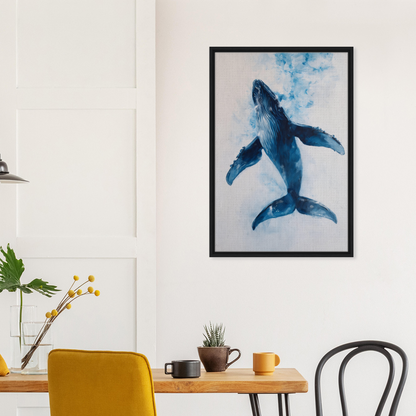 Framed canvas art of a blue whale in an ethereal ocean voyage setting