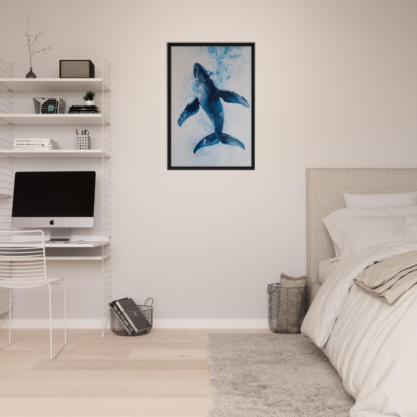 Framed watercolor painting of a blue whale for Ethereal Ocean Voyage room decor