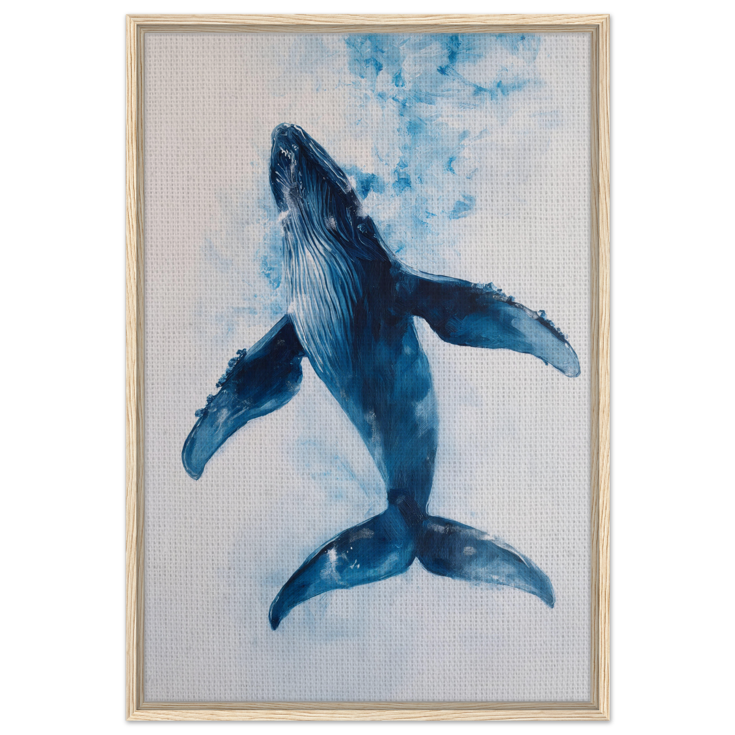 A blue humpback whale swimming upwards in an Ethereal Ocean Voyage framed canvas art