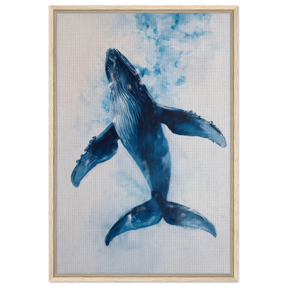 A blue humpback whale swimming upwards in an Ethereal Ocean Voyage framed canvas art