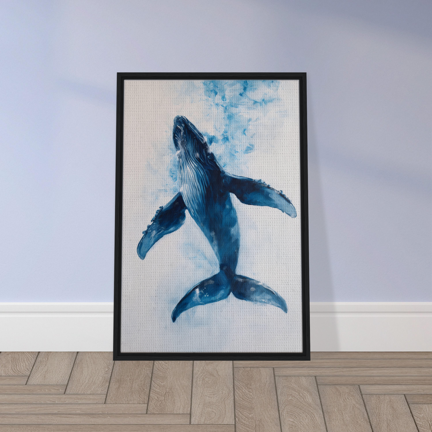 Framed canvas art of a blue whale in an ethereal ocean voyage, swimming upward