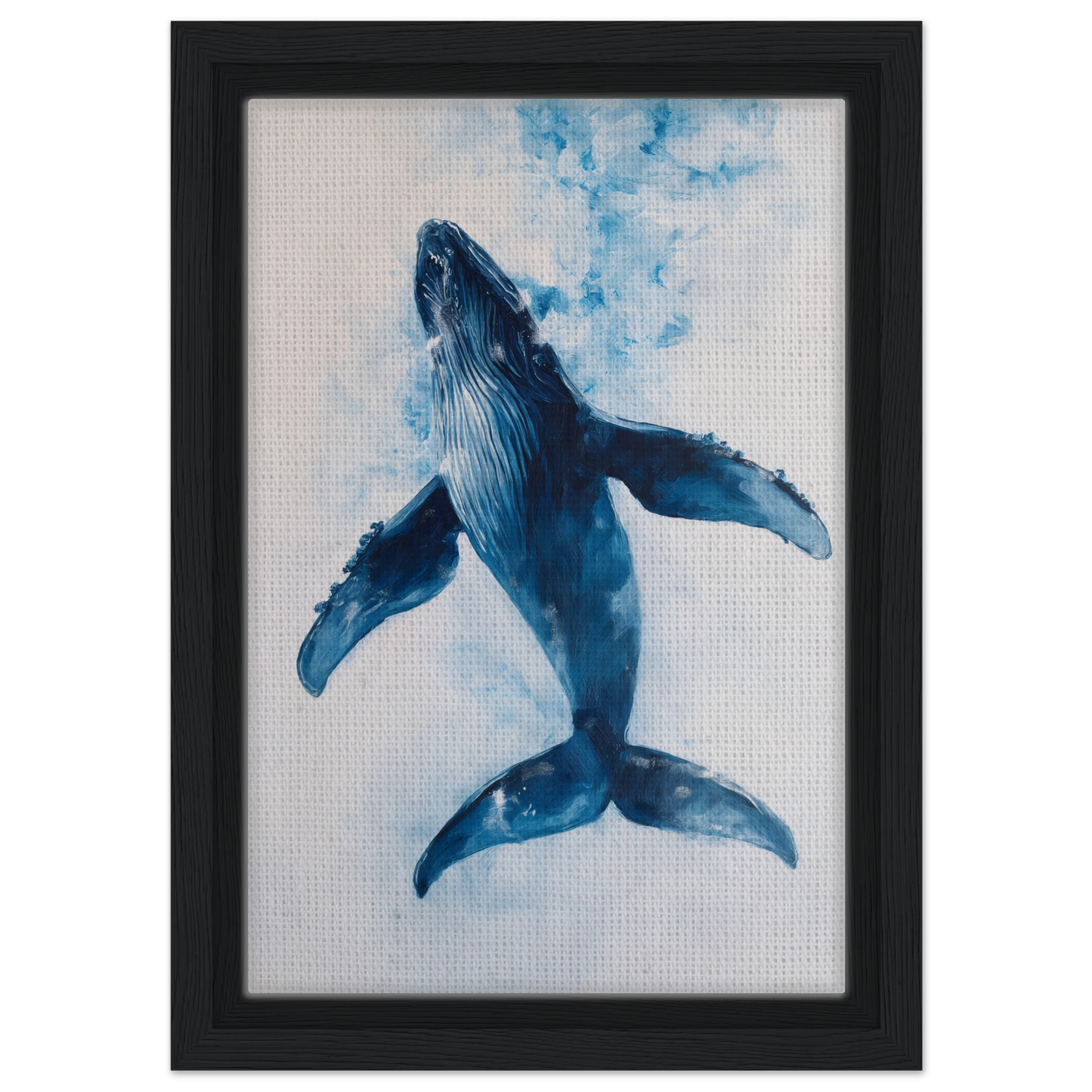 Blue whale in watercolor style breaching upwards, framed canvas art for Ethereal Ocean Voyage