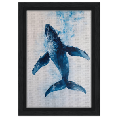 Blue whale in watercolor style breaching upwards, framed canvas art for Ethereal Ocean Voyage