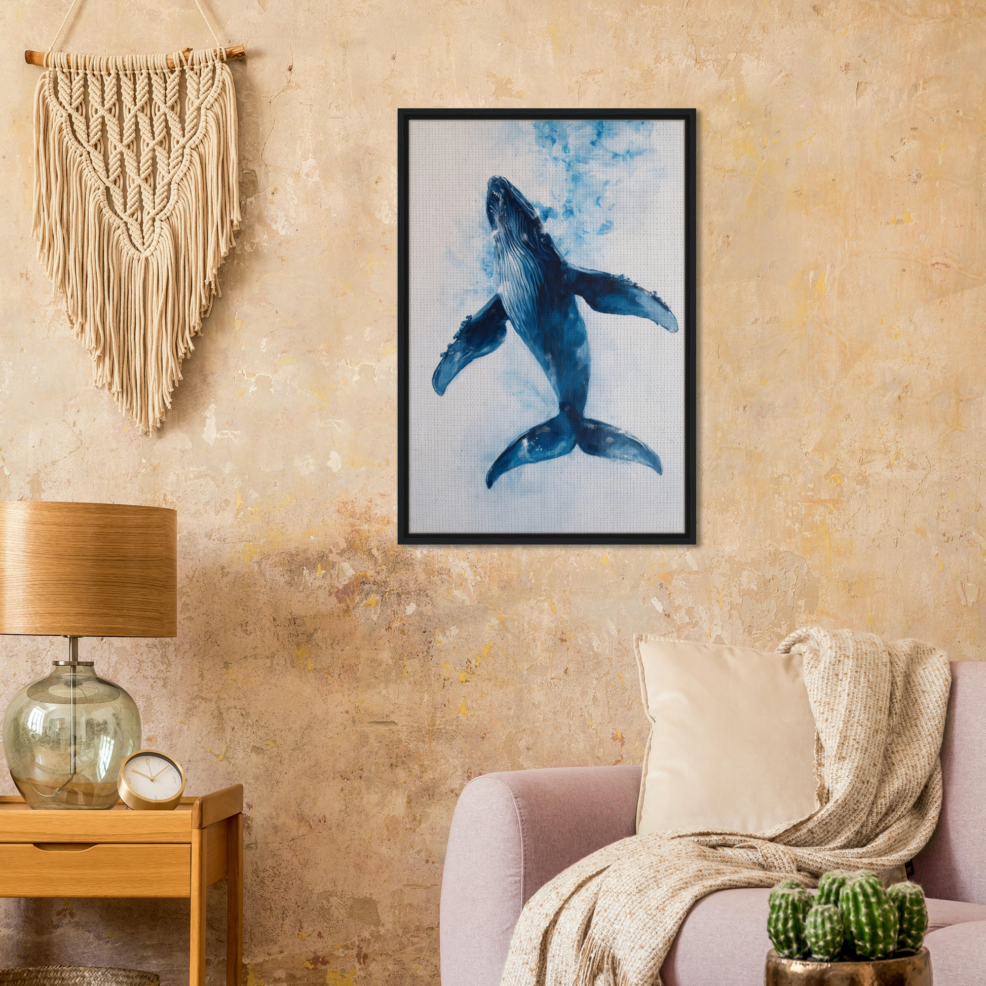 Framed watercolor painting of a blue whale for Ethereal Ocean Voyage room decor