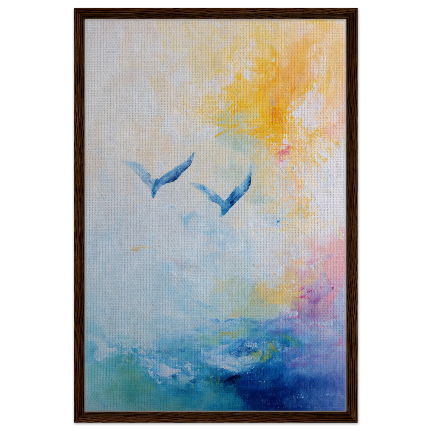 Abstract painting of blue bird-like shapes in pastel sky, Ethereal Sky Soar framed canvas print