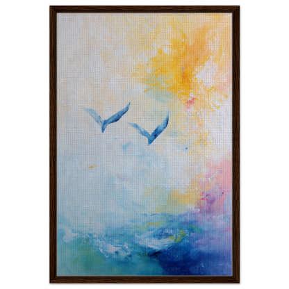 Abstract painting of blue bird-like shapes in pastel sky, Ethereal Sky Soar framed canvas print