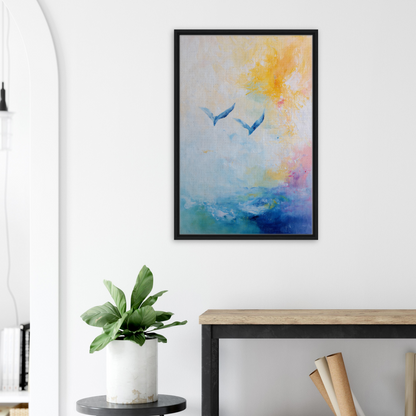 Framed abstract art of birds over a vibrant sea, Ethereal Sky Soar room decor