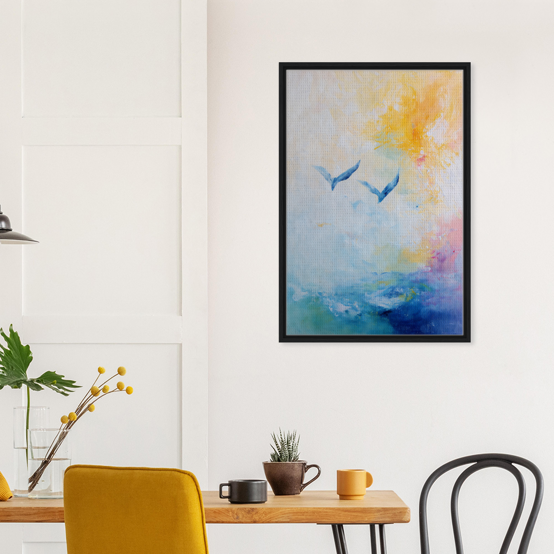 Framed abstract painting of blue birds over a colorful landscape from Ethereal Sky Soar