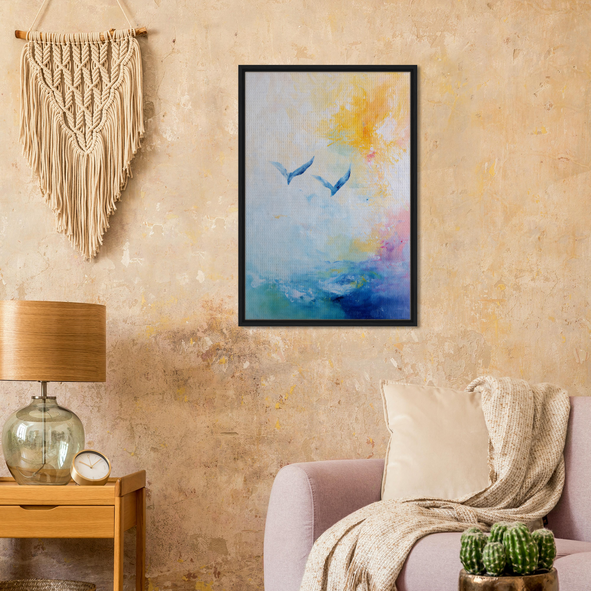 Framed canvas print of Ethereal Sky Soar featuring birds over a colorful sky and sea