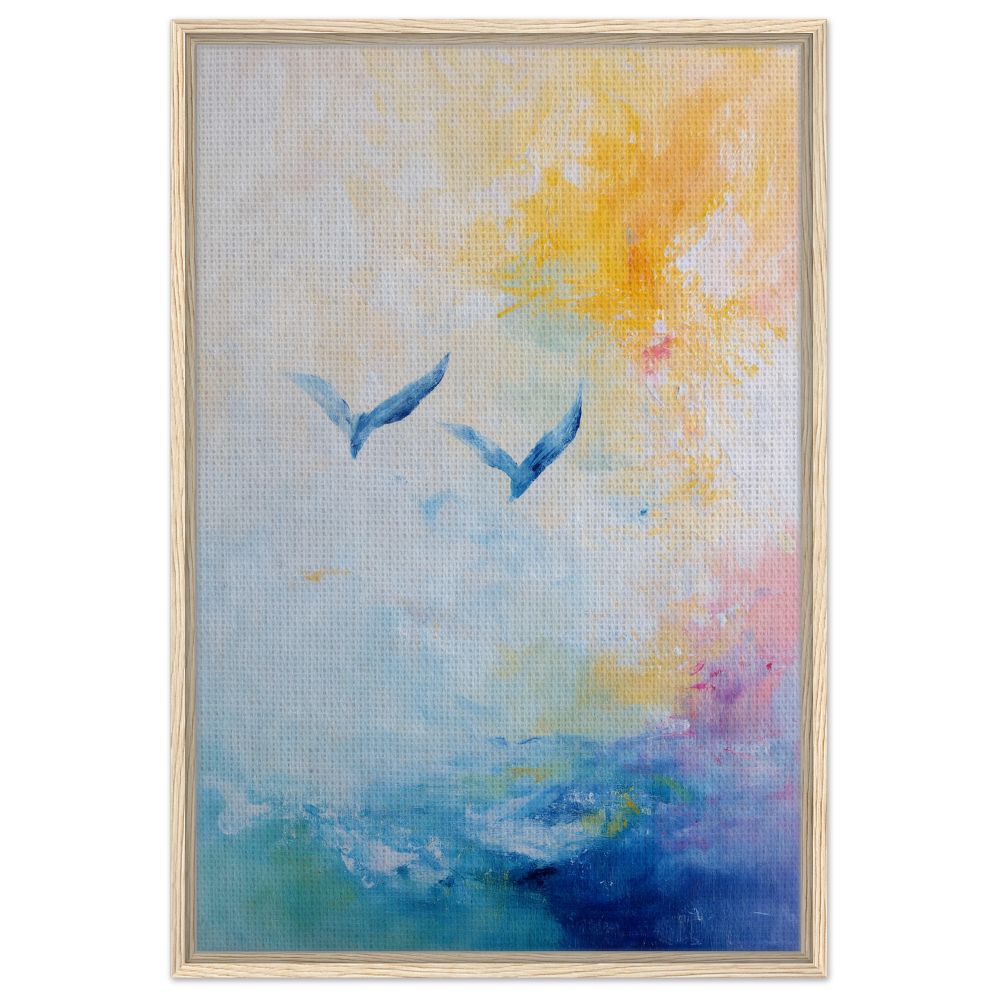 Abstract painting of blue bird shapes in pastel sky, Ethereal Sky Soar framed canvas print