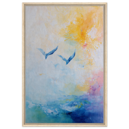 Abstract painting of blue bird shapes in pastel sky, Ethereal Sky Soar framed canvas print