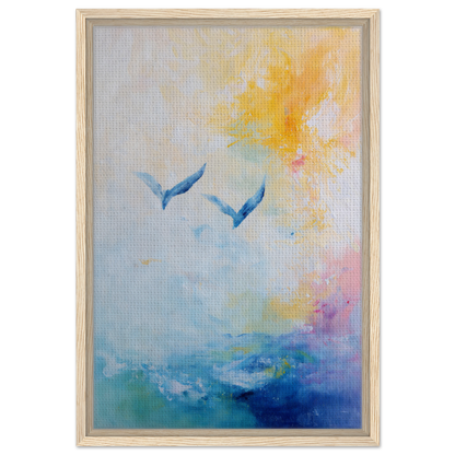 Abstract painting of blue bird-like shapes in Ethereal Sky Soar room decor