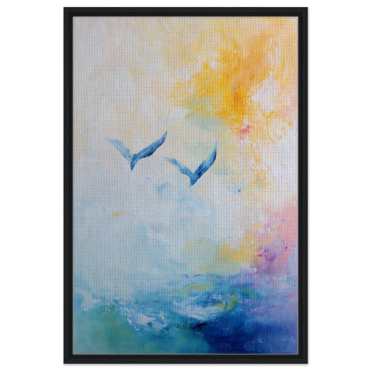 Abstract painting of blue bird silhouettes on vibrant background for Ethereal Sky Soar Framed Canvas Print