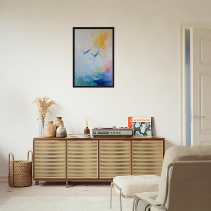 Wooden sideboard with cane-webbed doors and decorative items for Ethereal Sky Soar room decor