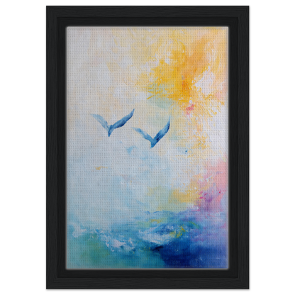 Framed canvas print of Ethereal Sky Soar with blue birds in a vibrant sky