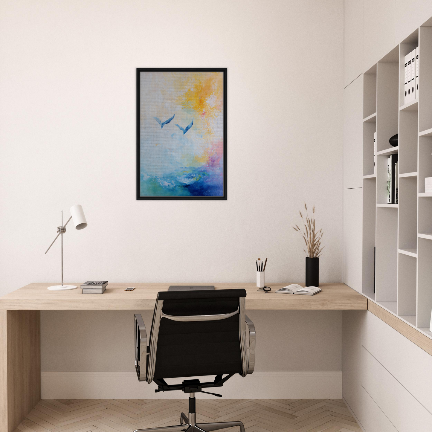 Minimalist home office showcasing Ethereal Sky Soar framed canvas print and stylish desk