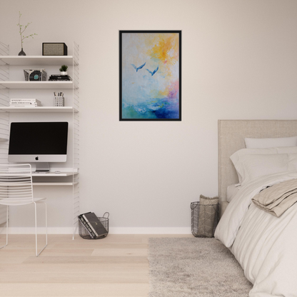 Framed watercolor painting of birds in Ethereal Sky Soar for stylish room decor