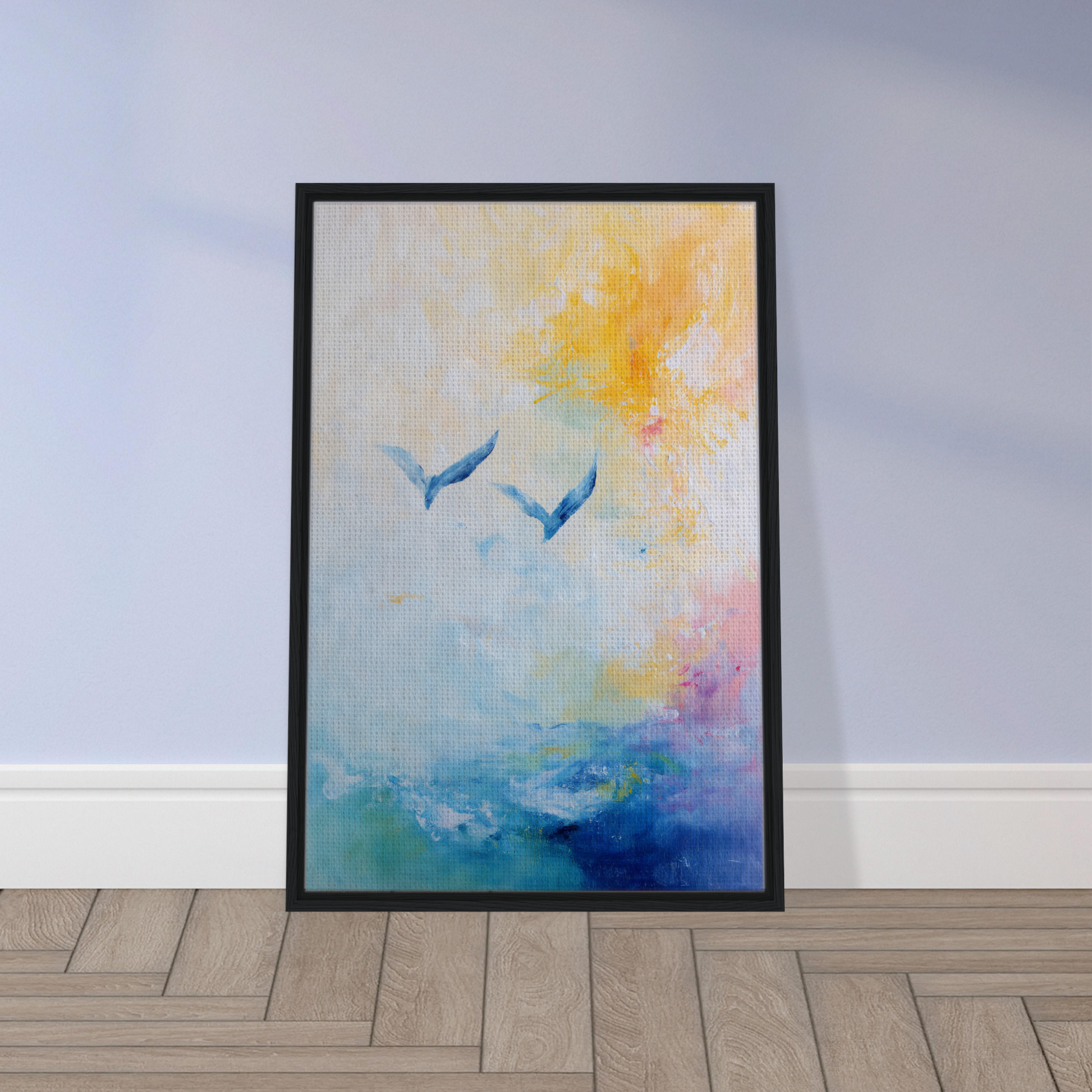 Framed canvas print of Ethereal Sky Soar featuring birds over a colorful landscape