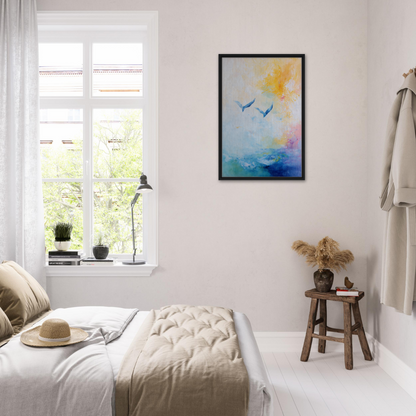 Bright, airy bedroom featuring Ethereal Sky Soar framed canvas print and white decor