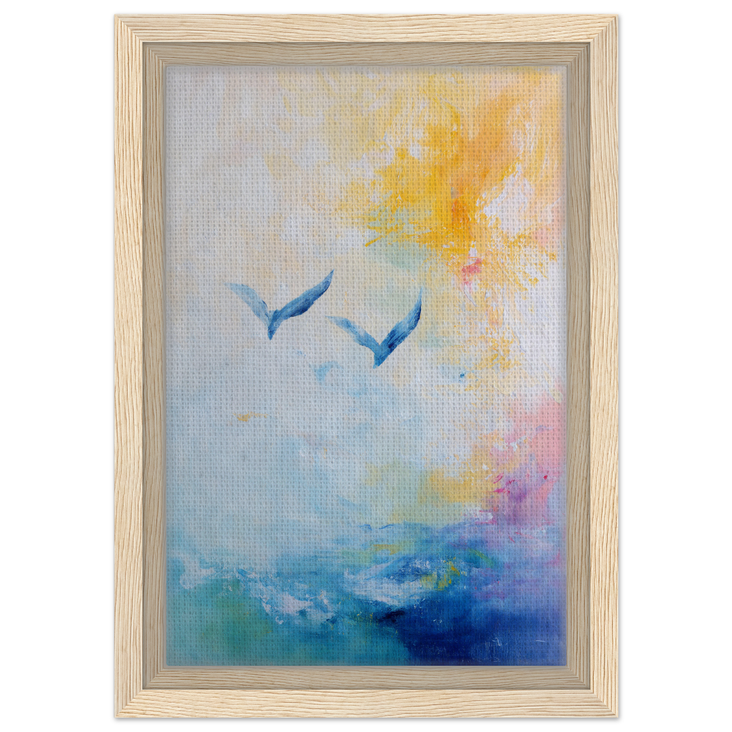 Framed canvas print of Ethereal Sky Soar with two blue birds in a colorful sky