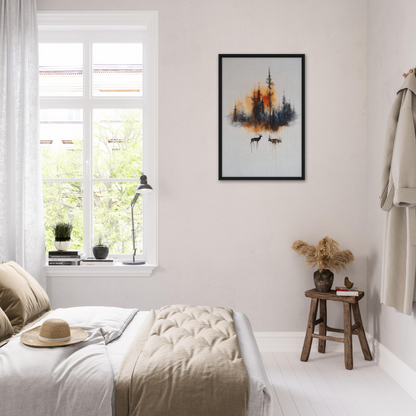 Cozy bedroom featuring Ethereal Sunrise Serenade framed canvas art as minimalist room decor