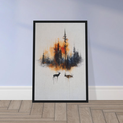 Framed canvas art of deer silhouette in a forest against an ethereal sunrise serenade