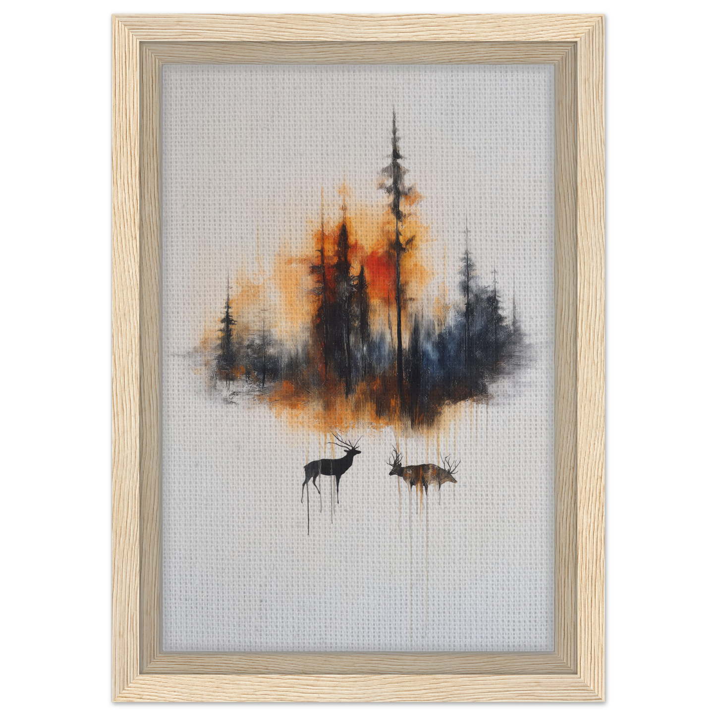 Framed canvas art of Ethereal Sunrise Serenade featuring a forest silhouette and deer