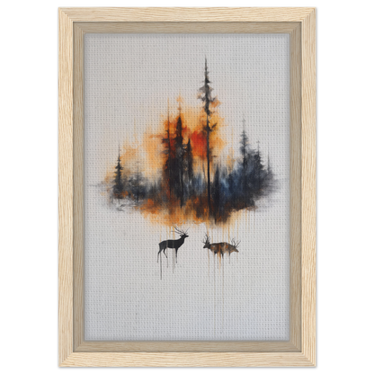 Framed canvas art of Ethereal Sunrise Serenade featuring a forest silhouette and deer