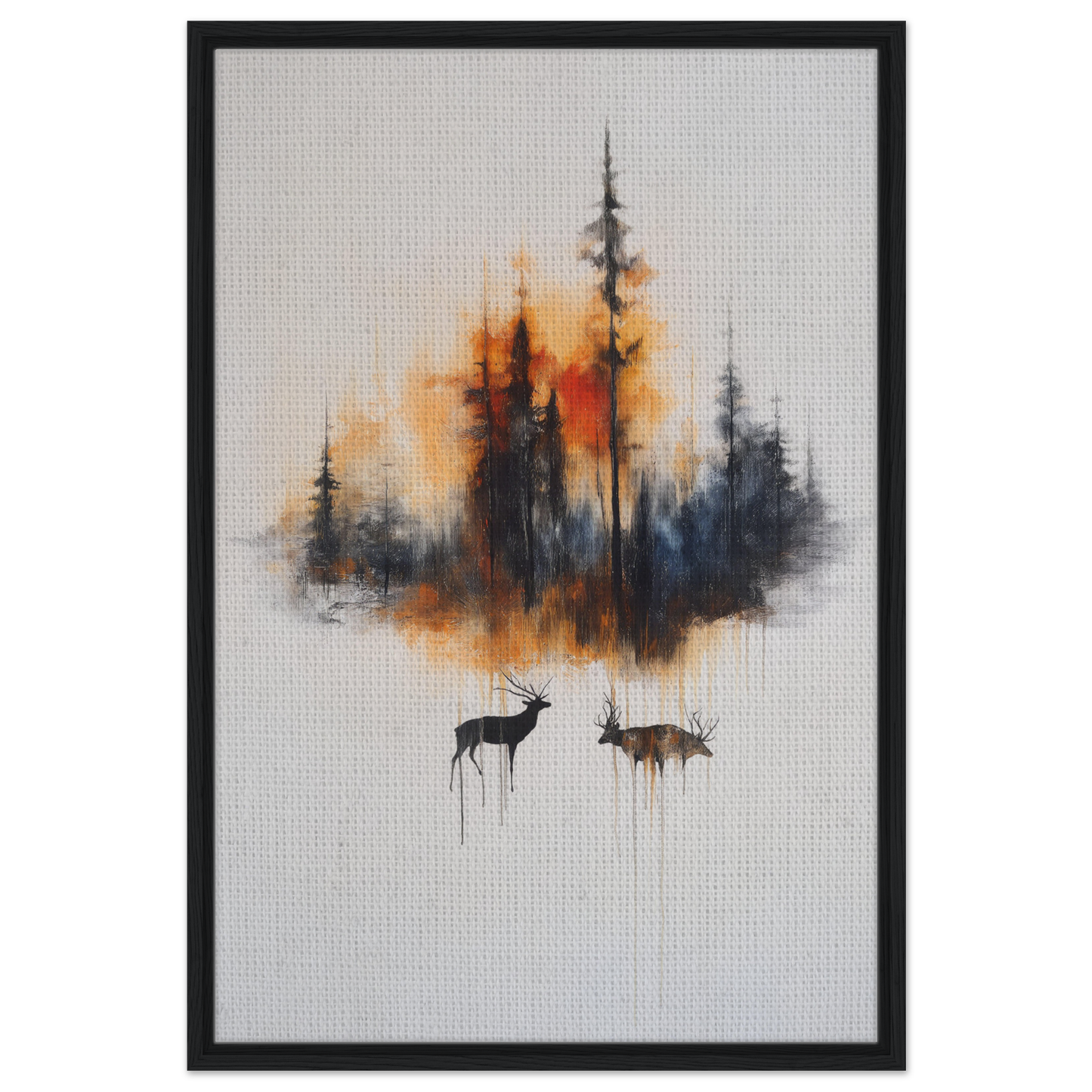 Framed canvas art of forest silhouette with deer, Ethereal Sunrise Serenade room decor