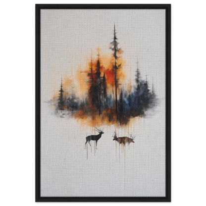 Framed canvas art of forest silhouette with deer, Ethereal Sunrise Serenade room decor