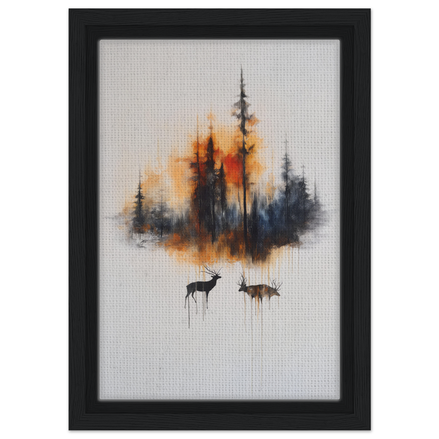 Framed canvas art of Ethereal Sunrise Serenade with forest silhouette and deer