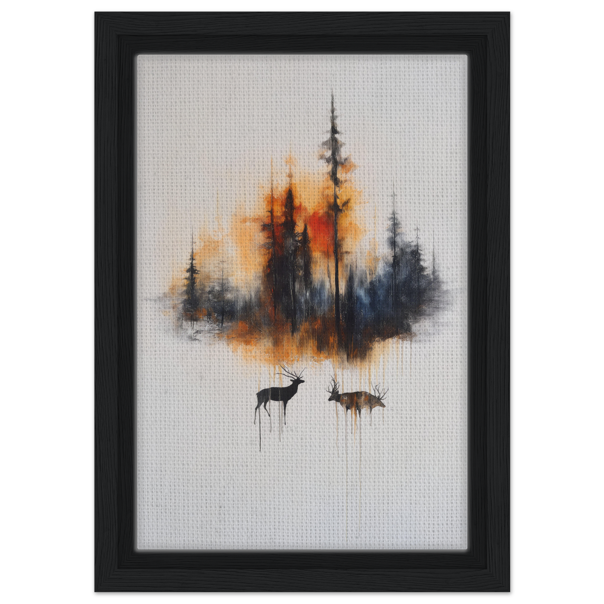 Framed canvas art of Ethereal Sunrise Serenade with forest silhouette and deer