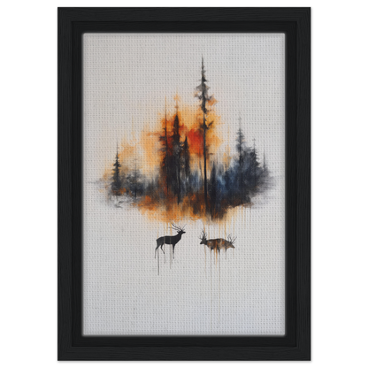 Framed canvas art of Ethereal Sunrise Serenade with forest silhouette and deer