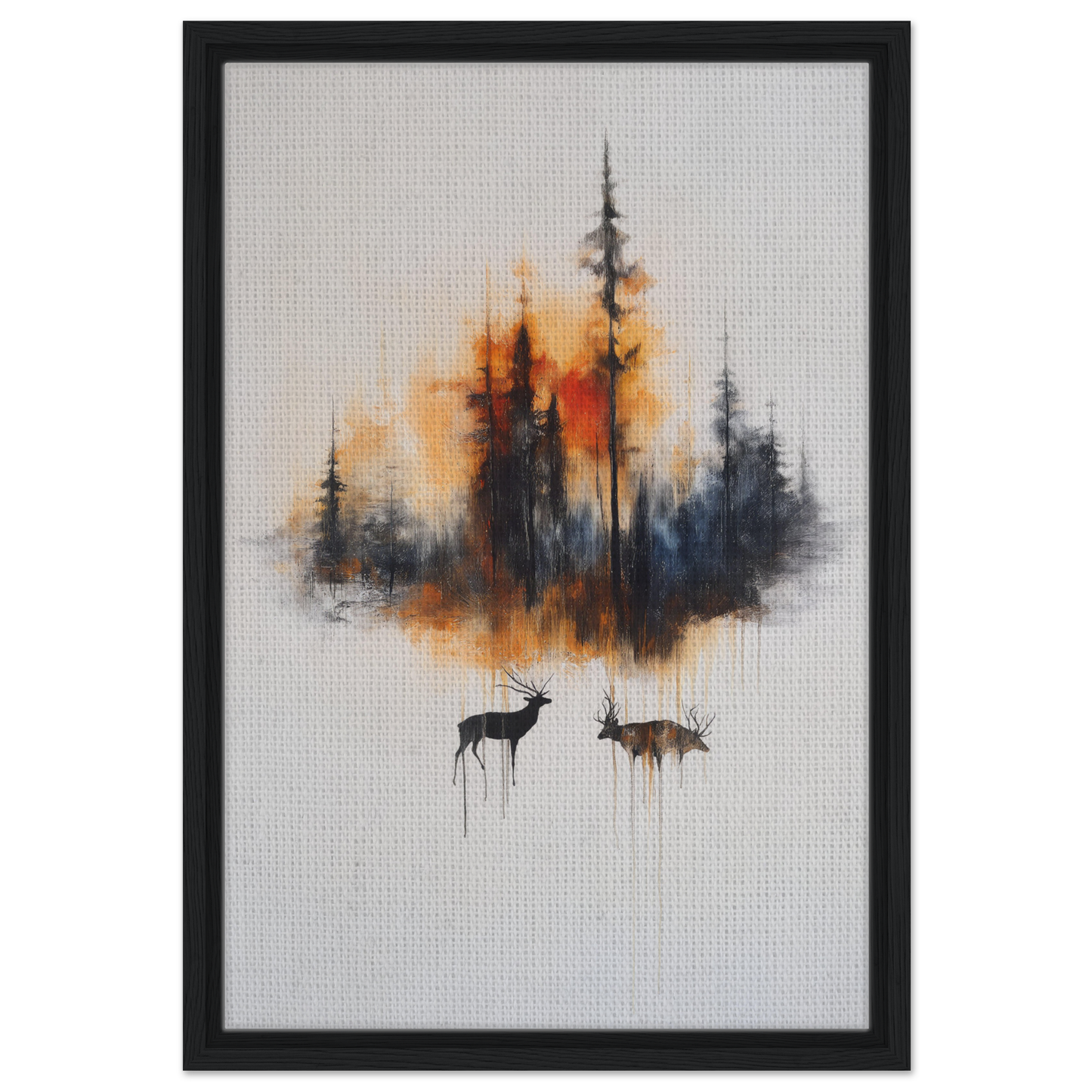 Framed canvas art of Ethereal Sunrise Serenade with forest silhouette and deer